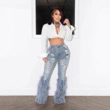IHOOV Embellished Distressed Denim Jeans with Faux Fur Trim