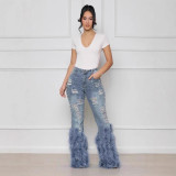 IHOOV Embellished Distressed Denim Jeans with Faux Fur Trim