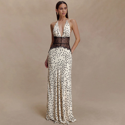 Deep V Silk Velvet Maxi Dress with Halter Neck and Accentuated Waist