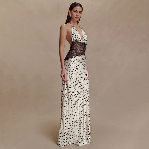 Deep V Silk Velvet Maxi Dress with Halter Neck and Accentuated Waist