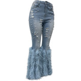 IHOOV Embellished Distressed Denim Jeans with Faux Fur Trim