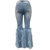 IHOOV Embellished Distressed Denim Jeans with Faux Fur Trim
