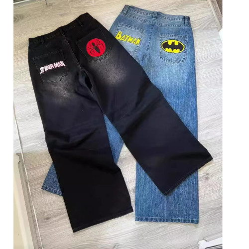 Retro Bat Embroidered Relaxed Fit Jeans for Men