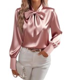 ihoov Satin Bow Tie Long Sleeve Women's Blouse