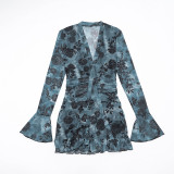 Floral Mesh Halter Neck Tie-Waist Mini Dress with Safety Pants