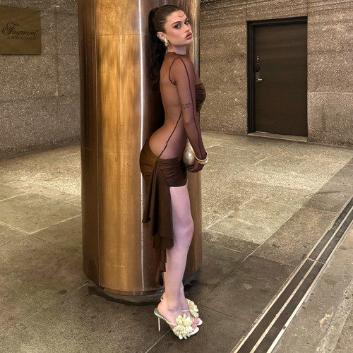 Sexy Mesh See-Through Long Sleeve Fitted Ruffle Mini Dress