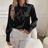 ihoov Satin Bow Tie Long Sleeve Women's Blouse