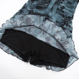 Floral Mesh Halter Neck Tie-Waist Mini Dress with Safety Pants