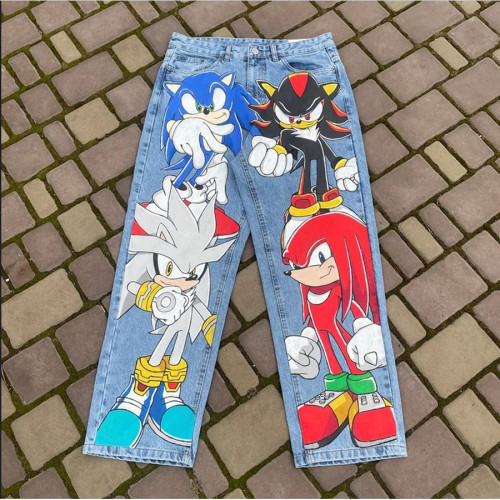 Unique Cartoon Graffiti Straight Leg Wide Jeans for Men