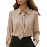 ihoov Pure Color Relaxed Fit Long Sleeve French Cuff Blouse for Women