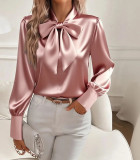 ihoov Satin Bow Tie Long Sleeve Women's Blouse