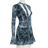 Floral Mesh Halter Neck Tie-Waist Mini Dress with Safety Pants