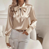 ihoov Satin Bow Tie Long Sleeve Women's Blouse