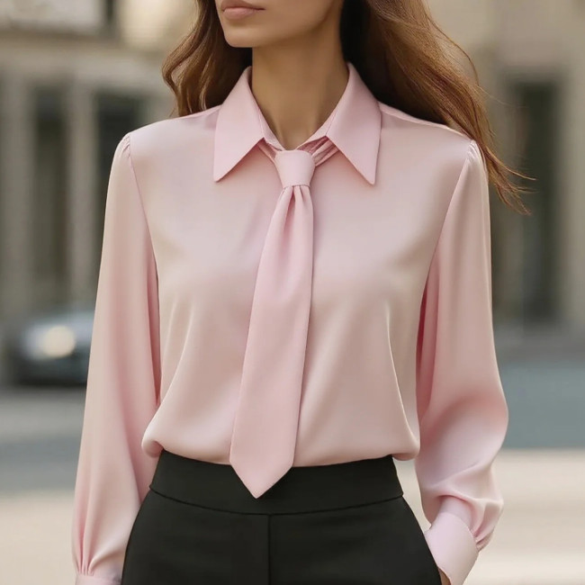 ihoov Pure Color Relaxed Fit Long Sleeve French Cuff Blouse for Women