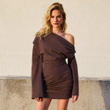 Elegance Unveiled: Solid Color Long Sleeve Off-The-Shoulder Flowy Mini Dress