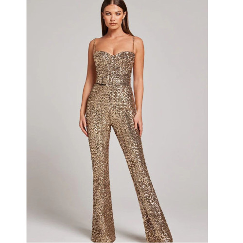 ihoov's Seductive Sequined Chain Belt Bodycon Jumpsuit