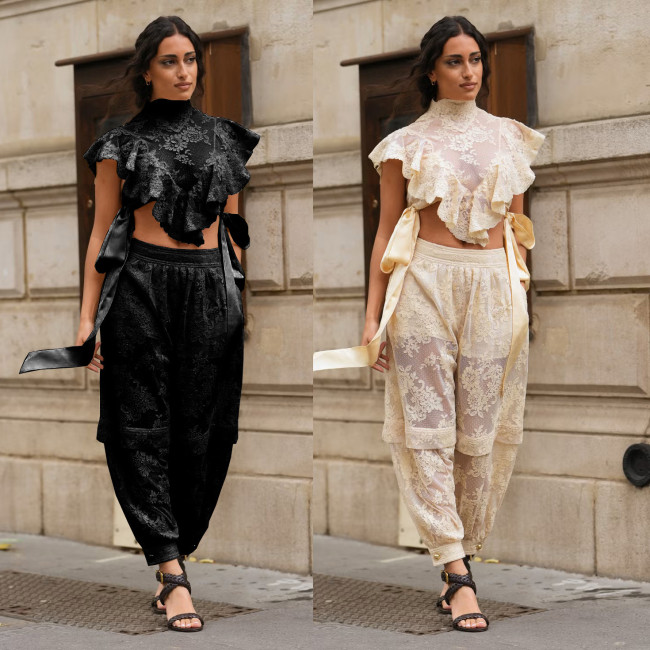 ihoov's Exclusive Sleeveless Belted Lace Top & Pant Set
