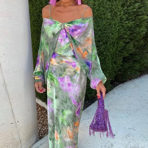 Sultry Off-the-Shoulder Tie-Dye Floral Halter Neck Poncho Set