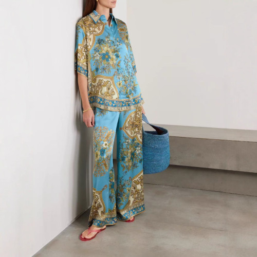 Vintage Floral Silk Blouse & Lounge Pants Set