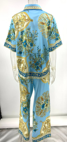 Vintage Floral Silk Blouse & Lounge Pants Set
