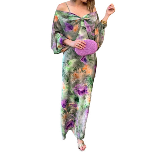 Sultry Off-the-Shoulder Tie-Dye Floral Halter Neck Poncho Set