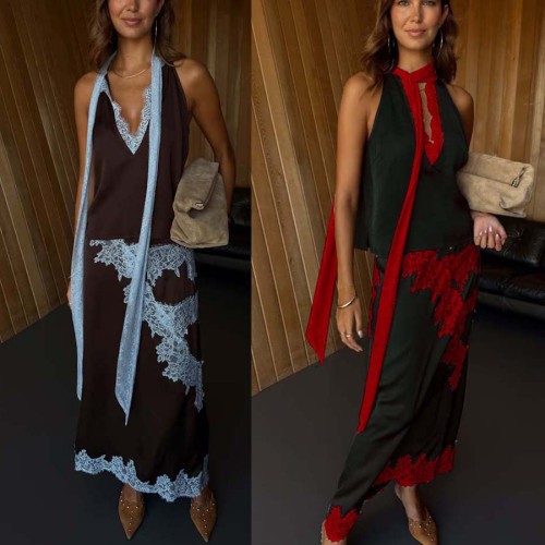 Lace Patchwork Sleeveless Top & Casual Wide Hem Midi Dress Set for Women