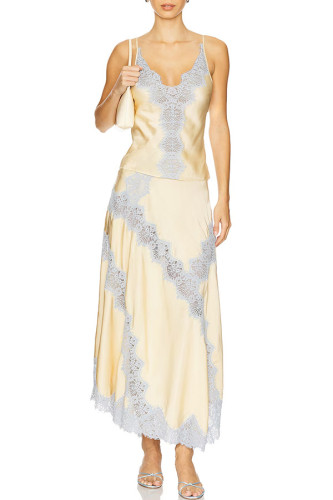 Strap Accent Lace Patchwork Casual 2-Piece Midi Skirt Set