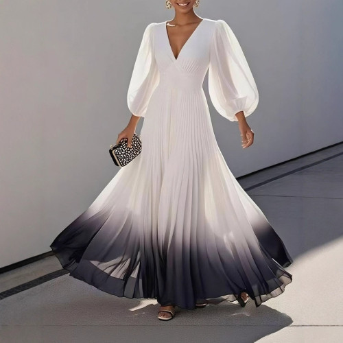 V-Neck Bell Sleeve 100+ Pleat Gradient Print Maxi Dress
