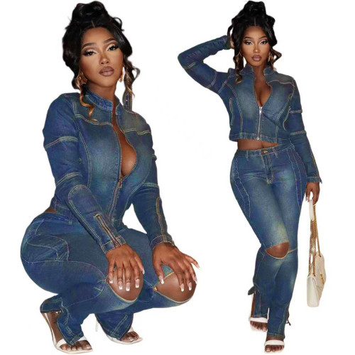 ihoov Wild Bloom: Distressed Water Wash High Stretch Denim Casual Set