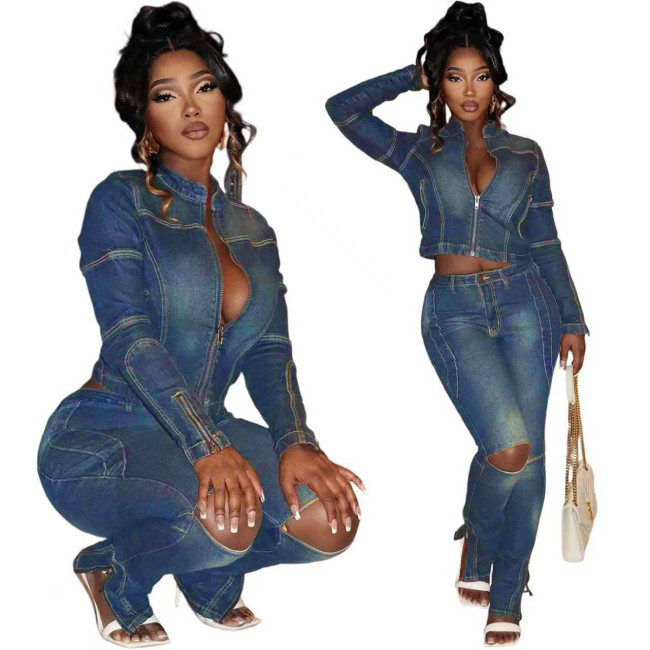 ihoov Wild Bloom: Distressed Water Wash High Stretch Denim Casual Set