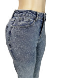 Distressed Hem Diamond Embellished Slim Fit Ripped Pocket Jeans