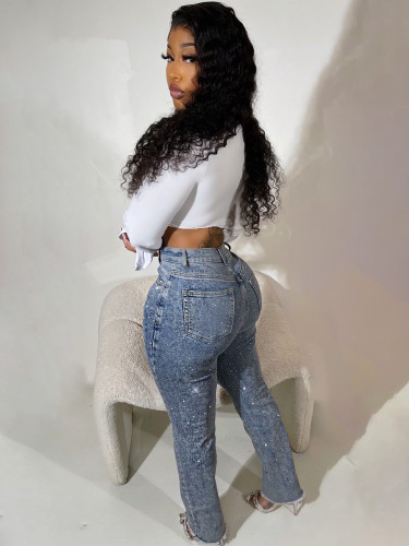 Distressed Hem Diamond Embellished Slim Fit Ripped Pocket Jeans