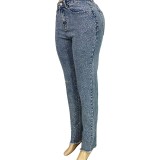 Distressed Hem Diamond Embellished Slim Fit Ripped Pocket Jeans