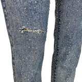 Distressed Hem Diamond Embellished Slim Fit Ripped Pocket Jeans