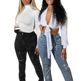 Distressed Hem Diamond Embellished Slim Fit Ripped Pocket Jeans