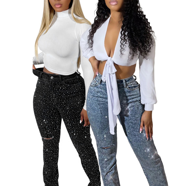 Distressed Hem Diamond Embellished Slim Fit Ripped Pocket Jeans