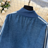 Color-Block Stripe Long-Sleeve Denim Jacket & High-Waisted Wide-Leg Pants Set