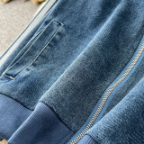 Color-Block Stripe Long-Sleeve Denim Jacket & High-Waisted Wide-Leg Pants Set