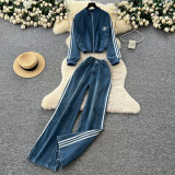 Autumn Duo by ihoov - Oversized Color-Block Stripe Long-Sleeve Denim Jacket & High-Waisted Wide-Leg Pants Set for Women's Autumn Fashion