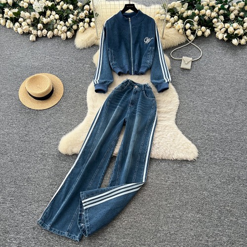 Color-Block Stripe Long-Sleeve Denim Jacket & High-Waisted Wide-Leg Pants Set