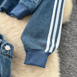 Color-Block Stripe Long-Sleeve Denim Jacket & High-Waisted Wide-Leg Pants Set