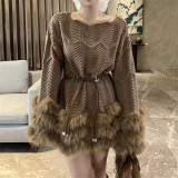 Patchwork Hollow-Out Long-Sleeve Knit Sweater with Waist Tie