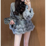 Patchwork Hollow-Out Long-Sleeve Knit Sweater with Waist Tie