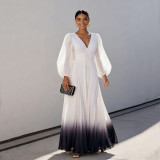 V-Neck Bell Sleeve 100+ Pleat Gradient Print Maxi Dress