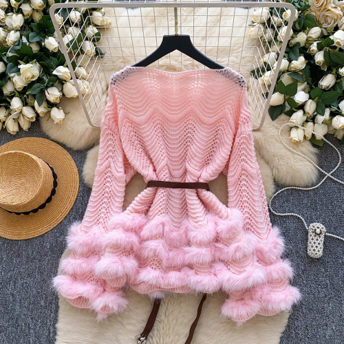 Patchwork Hollow-Out Long-Sleeve Knit Sweater with Waist Tie