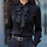 ihoov Exclusive Solid Color Blouse with Bow & Ruffle Details