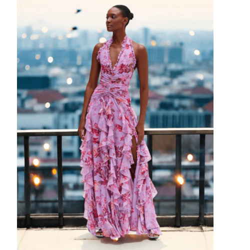 Ruffled Waist A-Line Dress with Fashion Print