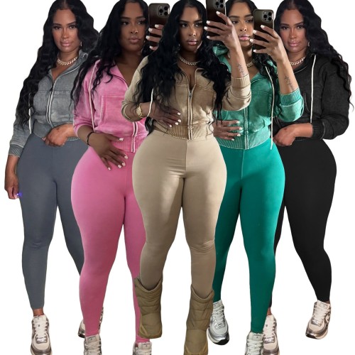 Zip-Up Hooded Fleece Top & Yoga Pants 2-Piece Set