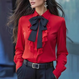 ihoov Exclusive Solid Color Blouse with Bow & Ruffle Details