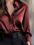 ihoov Autumn Solid Color Long Sleeve Button-Down Blouse